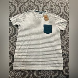 Levi’s mens t-shirt, white and blue stripes with blue pocket, size M